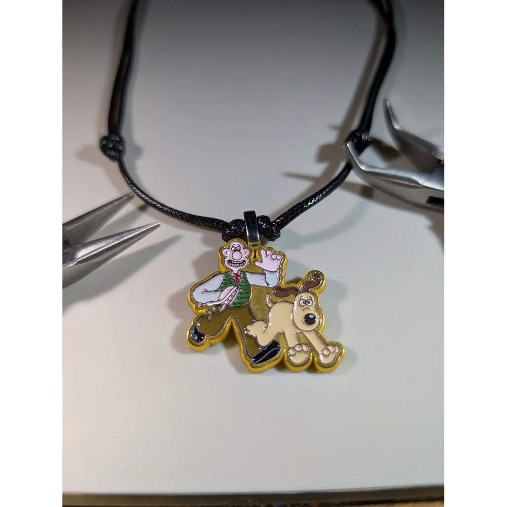Wallace and Gromit Repurposed Enamel Pin Necklace Adjustable Black Cord Pendant